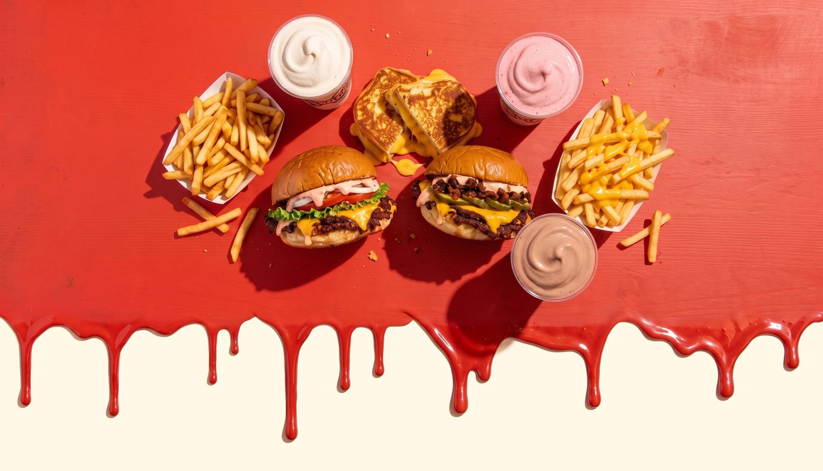 Overhead of a Chris N Eddy’s spread on a red table: a Chris’s Way slider, an Eddy’s Way slider, a grilled cheese, fries, cheese fries and vanilla, strawberry and chocolate shakes, with red paint dripping off the table’s edge.